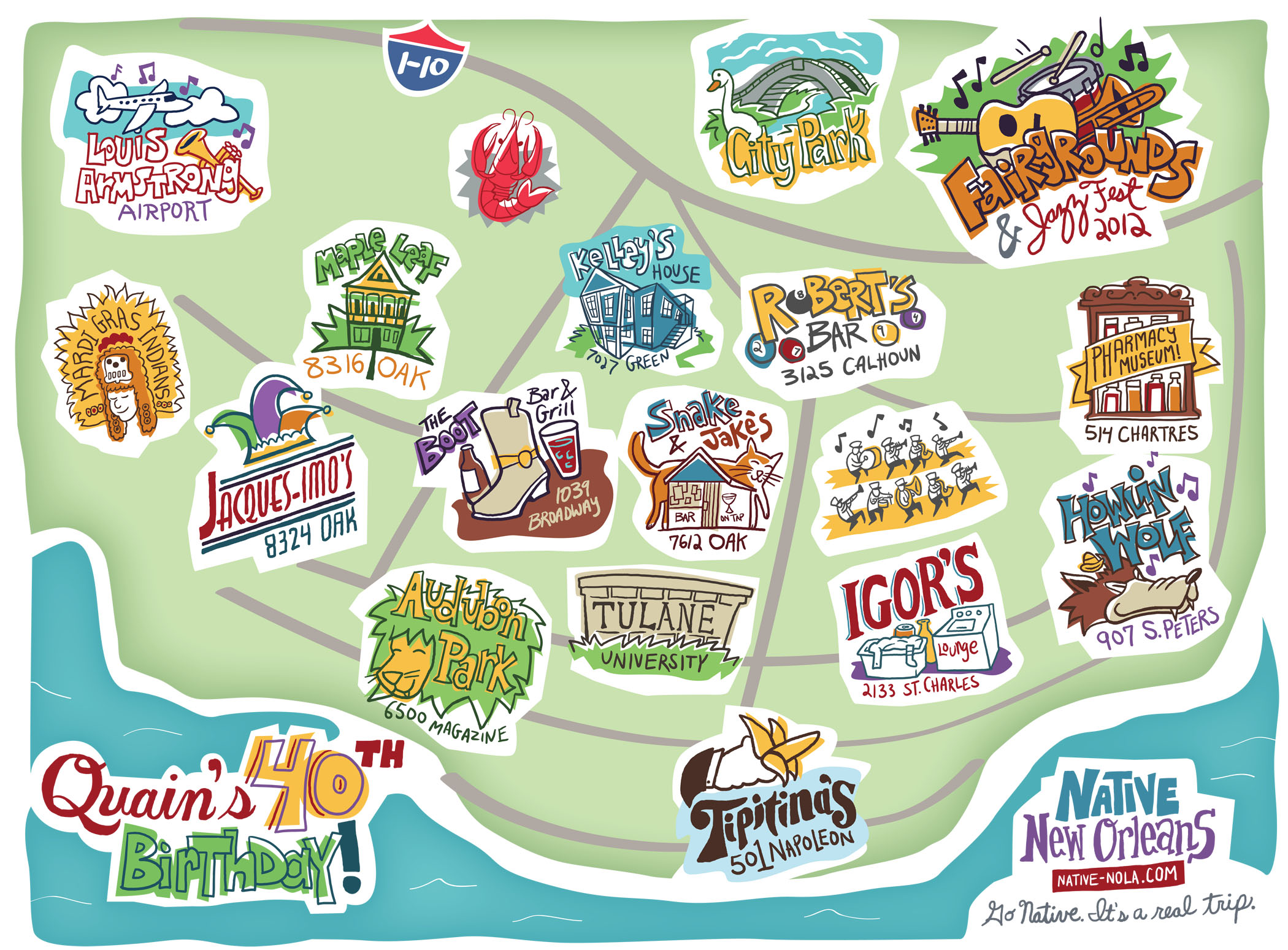 Hand-drawn map of Quainapalooza, 2012, branded Native New Orleans